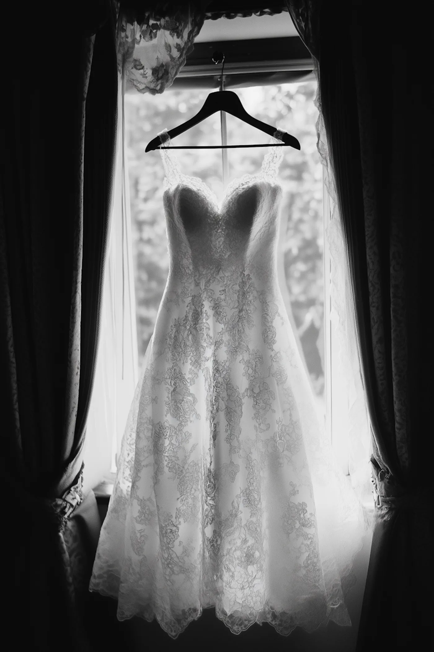 Beautiful wedding dress on display in bridal boutique.
